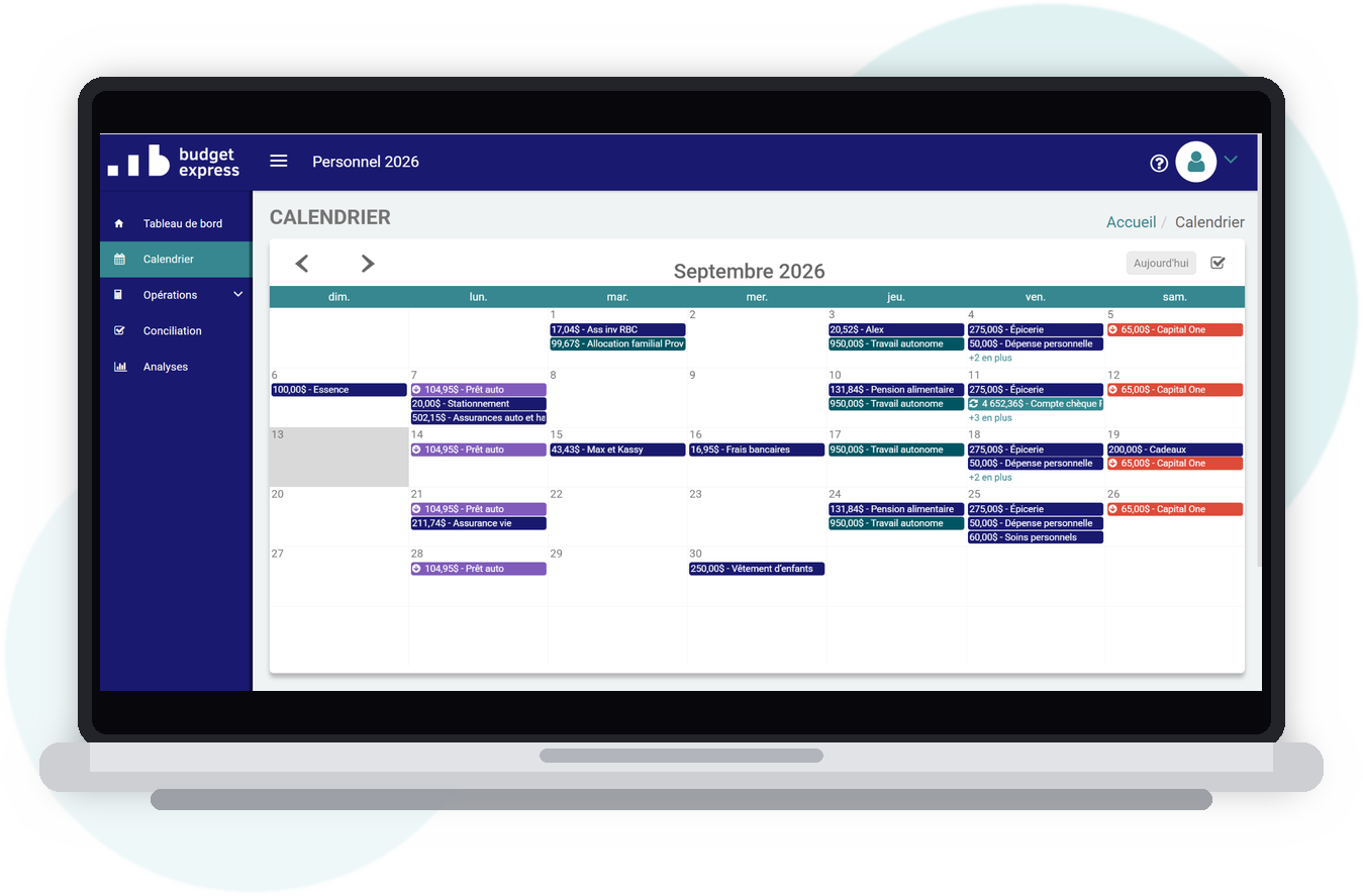 Calendrier du logiciel de finances personnelles Budget Express