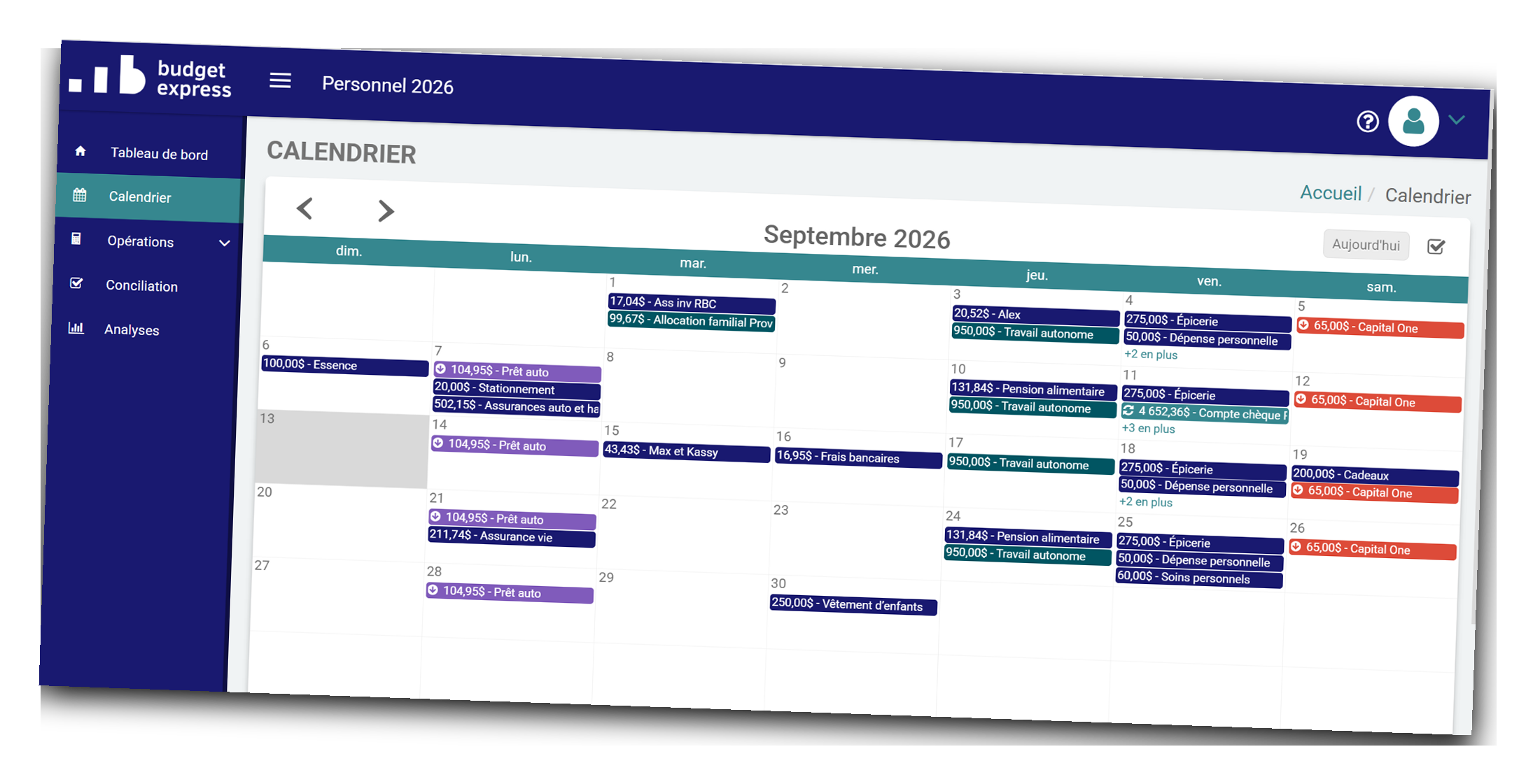 Calendrier et tableau de bord Budget Express